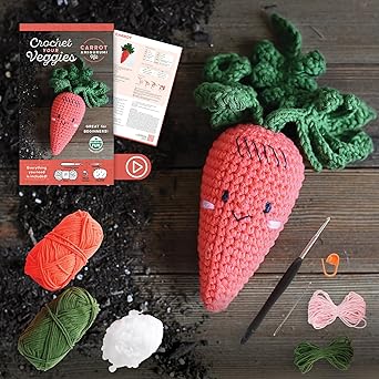 Crochet Your Veggies Amigurumi Kit Carrot: Everything You Need Is Included: 100%-Cotton Yarn, Crochet Hook, Stitch Marker, Tapestry Needle, Fiberfill, ... Instruction Videos; Beginner Friendly!