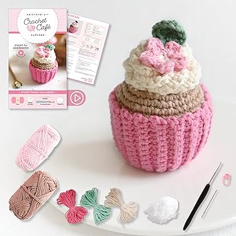 Crochet Cafe Amigurumi Kit Cupcake: Everything You Need Is Included: 100%-Cotton Yarn, Crochet Hook, Stitch Marker, Tapestry Needle, Fiberfill, ... Instruction Videos; Beginner Friendly!